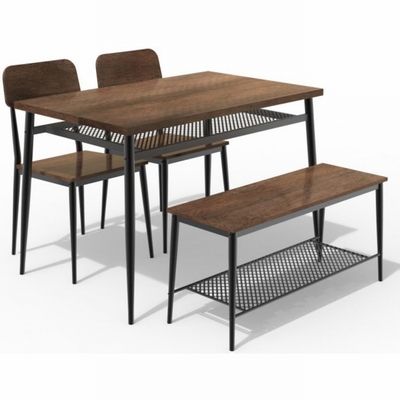 Midcentury ορθογώνιοι αγροτικοί να δειπνήσει πίνακας και πάγκος που τίθενται με 4 καρέκλες
